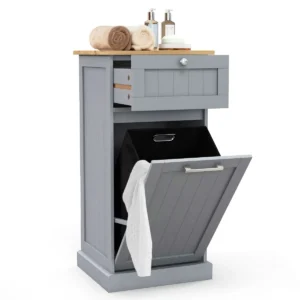 Kledingkast met kantelbare wasmand en lade opbergkast met uitneembare wasmand voor badkamer slaapkamer bijkeuken grijs 1