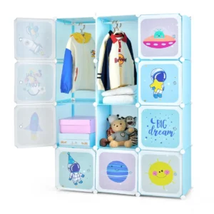 Kledingkast voor kinderen babykledingkast met 2 hanggedeeltes & 12 kubussen leuke cartoon ladekast voor kinderkamer speelkamer 1