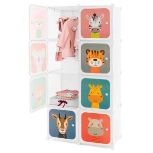 Kledingkast voor kinderen babykledingkast met 8 vakken & hanggedeelte leuke cartoon ladekast voor kinderkamer slaapkamer wit 1