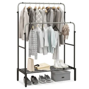 Kledingrek met 2 kledingstangen dubbele kapstok met verstelbare hoogtes vrijstaande metalen kapstok voor slaapkamer 108 x 50 x 125 cm 1