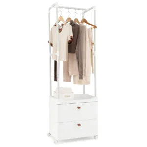 Kledingrek met 2 laden kledingopberger met vergrendelbare wielen vrijstaande commode hangroede 4 afneembare haken wit 1