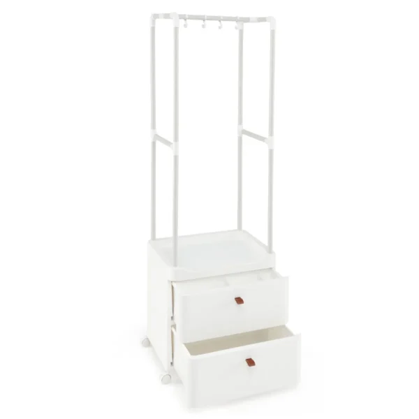 Kledingrek met 2 laden kledingopberger met vergrendelbare wielen vrijstaande commode hangroede 4 afneembare haken wit 2