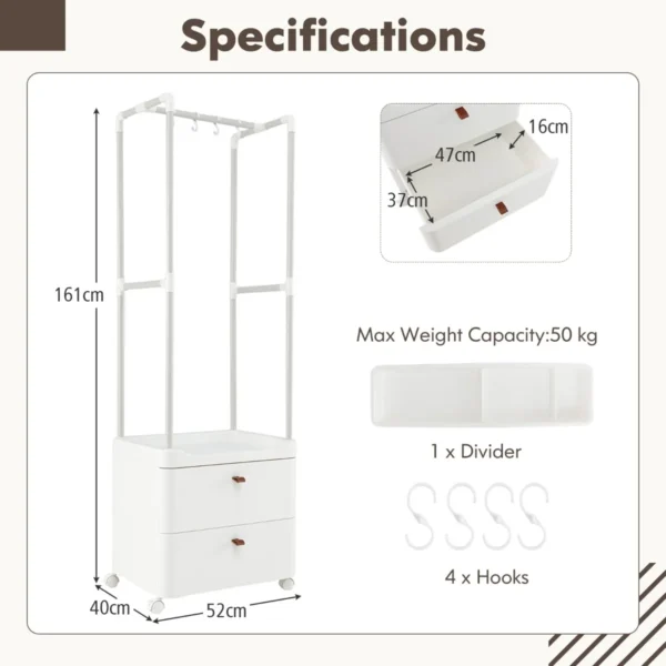 Kledingrek met 2 laden kledingopberger met vergrendelbare wielen vrijstaande commode hangroede 4 afneembare haken wit 3