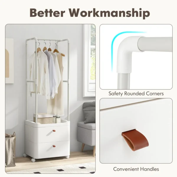Kledingrek met 2 laden kledingopberger met vergrendelbare wielen vrijstaande commode hangroede 4 afneembare haken wit 5