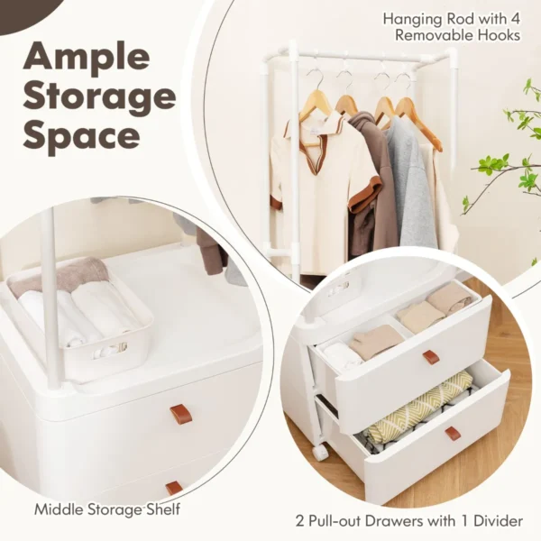 Kledingrek met 2 laden kledingopberger met vergrendelbare wielen vrijstaande commode hangroede 4 afneembare haken wit 7