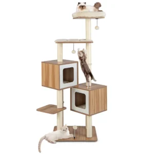 Krabpaal hout 163 cm 6 verdiepingen grote kattenboom kattenkrabpaal klimboom beige + natuur 1