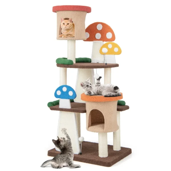 Krabpaal in paddenstoellook kattenboom met 2 kattenholtes sisal krabplank & platforms & speelbal klimboom teddystof kattenkrabpaal 2