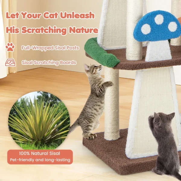 Krabpaal in paddenstoellook kattenboom met 2 kattenholtes sisal krabplank & platforms & speelbal klimboom teddystof kattenkrabpaal 5