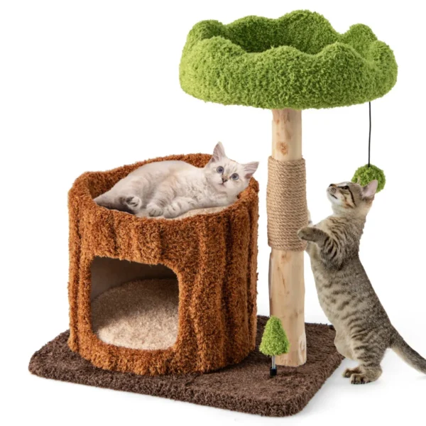 Krabpaal katten kattenboom met kattenhol in boomgatvorm massief hout kattentoren met jute zuil ligoppervlakken bal kattenmeubel 2