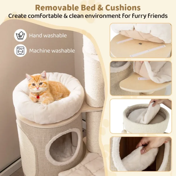 Krabpaal kattenboom met kattenhuis van twee verdiepingen hangmat afneembaar bed sisal plank speelbal kattenkrabpaal natuur 3