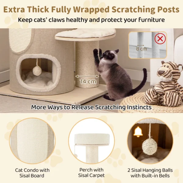 Krabpaal kattenboom met kattenhuis van twee verdiepingen hangmat afneembaar bed sisal plank speelbal kattenkrabpaal natuur 4