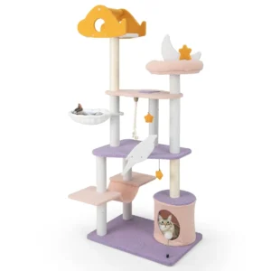 Krabpaal kattenboom met kattenmand hangmat sisaltouw en speelgoed schattige kattenkrabpaal klimboom speelboom paars + roze 1