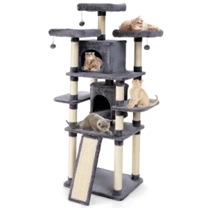 Krabpaal kattenboom met krabpalen en plank/3 pluche zitstokken 2 volledig gevoerde zitplaatsen en 3 bungelende ballen 1