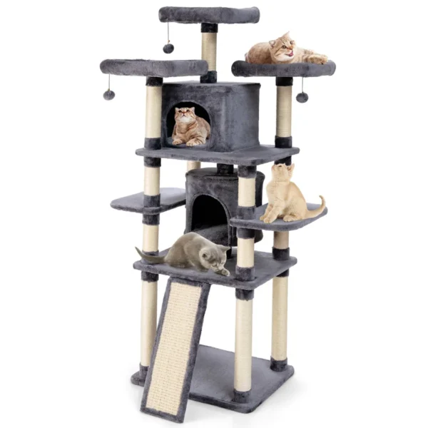 Krabpaal kattenboom met krabpalen en plank/3 pluche zitstokken 2 volledig gevoerde zitplaatsen en 3 bungelende ballen 1