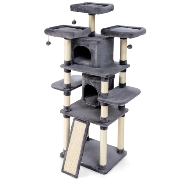 Krabpaal kattenboom met krabpalen en plank/3 pluche zitstokken 2 volledig gevoerde zitplaatsen en 3 bungelende ballen 2