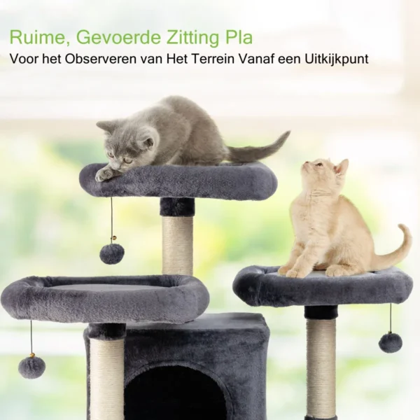 Krabpaal kattenboom met krabpalen en plank/3 pluche zitstokken 2 volledig gevoerde zitplaatsen en 3 bungelende ballen 4