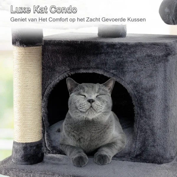 Krabpaal kattenboom met krabpalen en plank/3 pluche zitstokken 2 volledig gevoerde zitplaatsen en 3 bungelende ballen 6