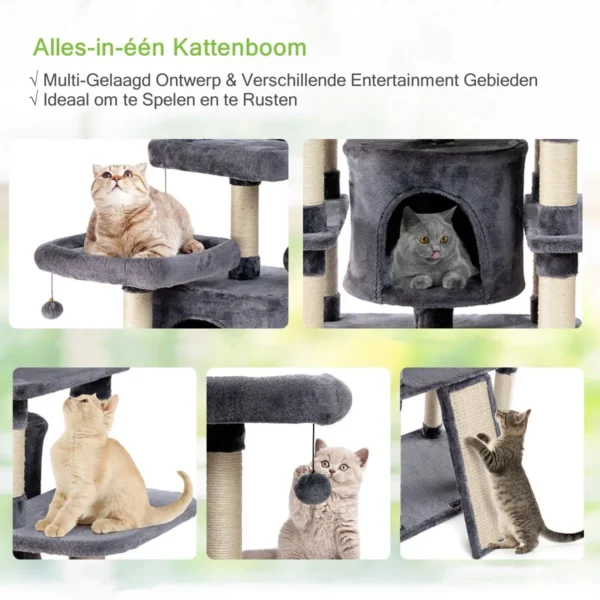 Krabpaal kattenboom met krabpalen en plank/3 pluche zitstokken 2 volledig gevoerde zitplaatsen en 3 bungelende ballen 7