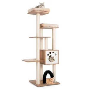 Krabpaal met 6 verdiepingen kattenboom met gezellige matten grot en kattenboog kattenmeubels klimboom speelboom beige 176 cm hout 1