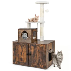 Krabpaal met kattenkast all in 1 kattenhuis van hout kattenkrabpaal kattenmeubel kattenkast kattenspeelhuis bruin 1