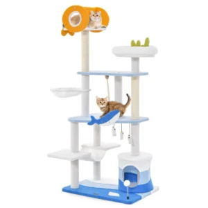 Krabpaal met sisal bedekte krabpaal hangend speelgoed zitstok springplatform voor binnenkatten blauw 1