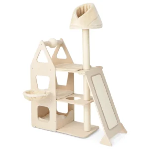 Krabpaal van hout 155 cm grote kattenkrabpaal met draaibare krabbal sisalpalen helling en mand beige 1