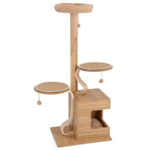 Krabpaal van hout kattenboom met kattenhol en matten kattenmeubel met ballen voor katten kattenhuis 129 cm natuur 1