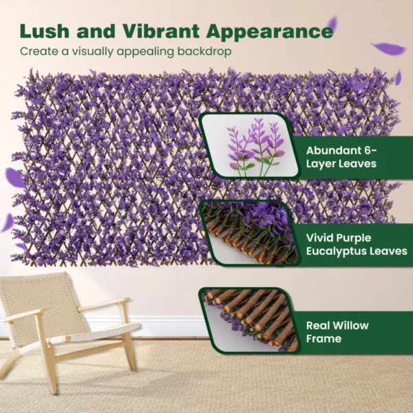 Kunstmatige klimop tuin privacy scherm 180 x 90 cm plant muur hagen met eucalyptus bladeren hek voor tuin hagen balkon (paars) 4