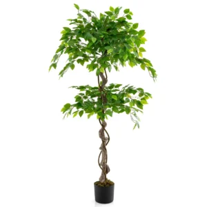 Kunstplant 150 cm ficus benjamin decoratieve plant met natuurlijke houten stam en bladeren kamerplantdecoratie kunstboom groen 1