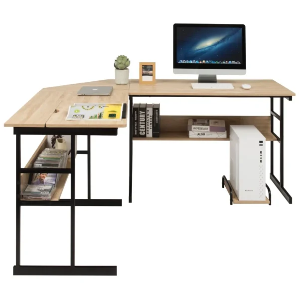 L vormig bureau hoekbureau van hout met kantelbaar tafelblad 2 planken en cpu standaard computertafel voor thuis en kantoor naturel 2