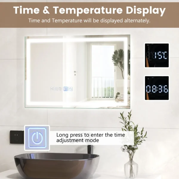 Led spiegel 75 x 50 cm met traploze helderheid 3 kleurtemperaturen anticondens geheugenfunctie tijdweergave aanraakschakelaar 4