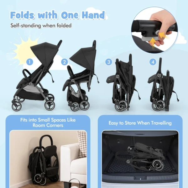 Lichtgewicht kinderwagen opvouwbare kinderwagen voor pasgeborenen met verstelbare rugleuning kap 5 puntsgordel opbergmand zwart 5