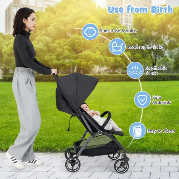 Lichtgewicht kinderwagen opvouwbare kinderwagen voor pasgeborenen met verstelbare rugleuning kap 5 puntsgordel opbergmand zwart 6