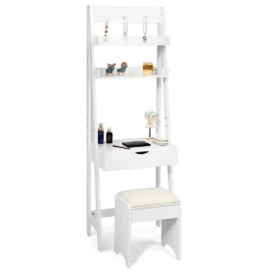 Make up set met haken/rek/breed bureaublad kaptafel met opklapbare spiegel en krukje wit 61,5 x 40 x 180cm 1