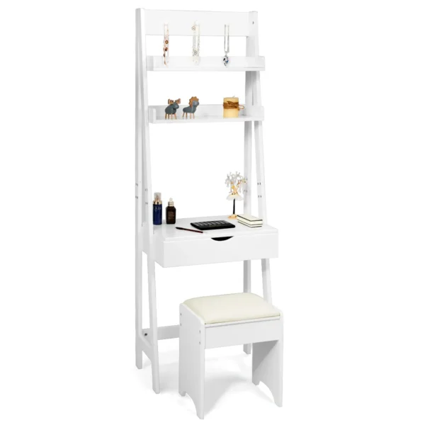 Make up set met haken/rek/breed bureaublad kaptafel met opklapbare spiegel en krukje wit 61,5 x 40 x 180cm 1