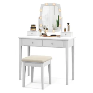 Make up tafel met 360 graden draaibare verlichte spiegel kaptafel en krukje met 4 opberglades 10 dimbare led lampen kussen (wit) 1