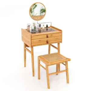 Make up tafel met spiegel bamboe kaptafel met 2 opbergladen klein badmeubel blad van gehard glas compact met opbergruimte 1