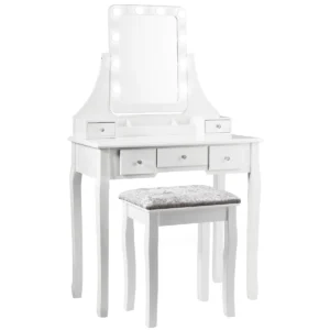 Make upset met rechthoekige spiegel en kruk kaptafel 80 x 40 x 135,5 cm wit 1