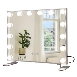 Make upspiegel met led verlichting 2 in 1 tafel en wandspiegel met 14 dimbare led lampen 3 lichtkleuren en slimme aanraakbediening zilver 1