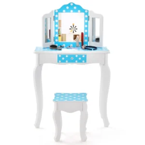Make uptafel voor kinderen 2 in 1 kaptafel bureau met drievoudig inklapbare spiegel en afneembare plaat en lade (blauw) 1