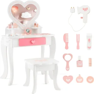 Make uptafel voor kinderen 2 in 1 kaptafel met hartvormige spiegel kruk lade en accessoires kinderkaptafel voor kinderen 3+ 1