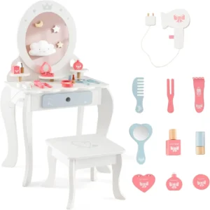 Make uptafel voor kinderen 2 in 1 kaptafel van hout met kruk afneembare spiegel laden en accessoires kinderkaptafel voor kinderen 3+ 1