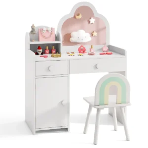 Make uptafel voor kinderen wolkvormig 2 in 1 kaptafel met kruk houten kinderkaptafelset met spiegel kast en 2 laden wit 1