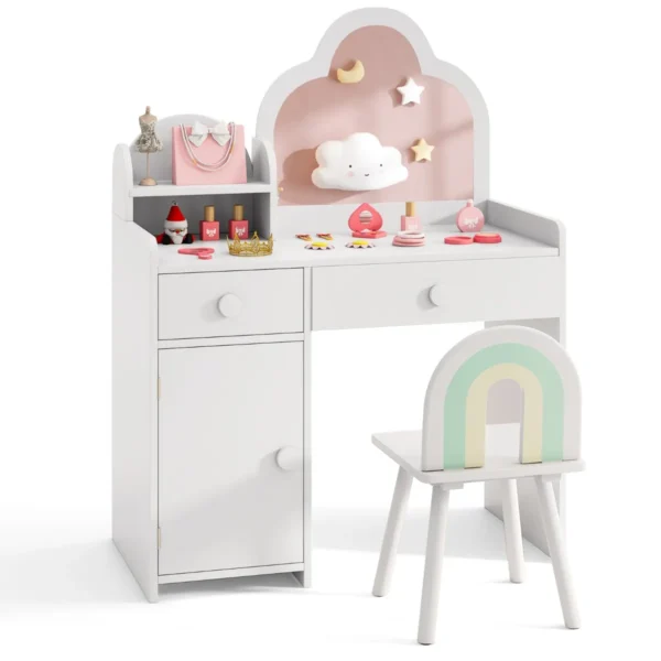 Make uptafel voor kinderen wolkvormig 2 in 1 kaptafel met kruk houten kinderkaptafelset met spiegel kast en 2 laden wit 1