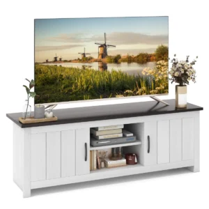 Meubel voor tv tot 65" houten tv consoletafel 2 kastjes open schappen 2 kabelgaten voor woonkamer wit + donkerbruin 1