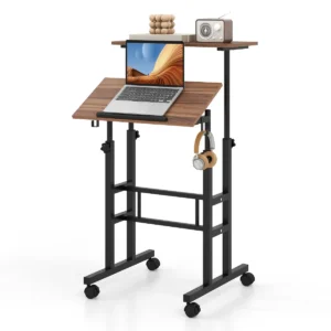 Mobiele sta bureau in hoogte verstelbare laptoptafel met gedeeld blad & verstelbare hoek verrijdbaar bureau voor thuiswerken zwart + walnoot 1
