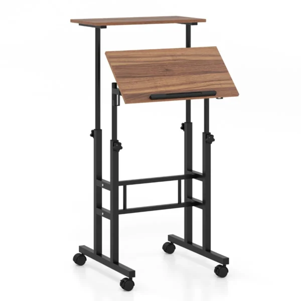 Mobiele sta bureau in hoogte verstelbare laptoptafel met gedeeld blad & verstelbare hoek verrijdbaar bureau voor thuiswerken zwart + walnoot 2