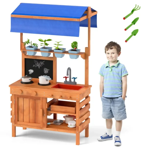 Modderkeuken houten rollenspelkeuken met in hoogte verstelbare luifel krijtbord plantenbakken kookplaten gootsteen oven buitenkeuken 1