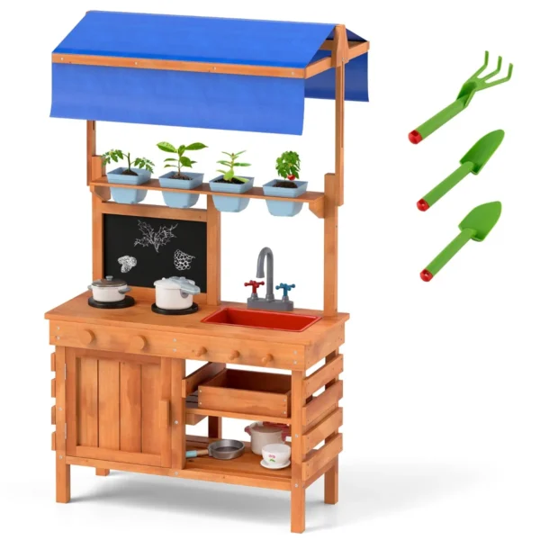 Modderkeuken houten rollenspelkeuken met in hoogte verstelbare luifel krijtbord plantenbakken kookplaten gootsteen oven buitenkeuken 2