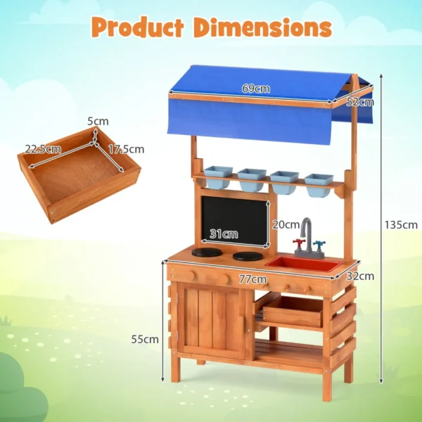 Modderkeuken houten rollenspelkeuken met in hoogte verstelbare luifel krijtbord plantenbakken kookplaten gootsteen oven buitenkeuken 3